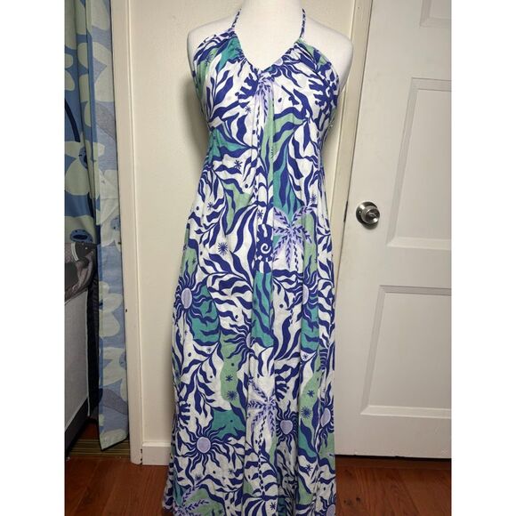 Xirena Maggie Dress Sz XS Blue White Cotton Maxi Maximalist Artsy Boho abstract - Picture 3 of 6